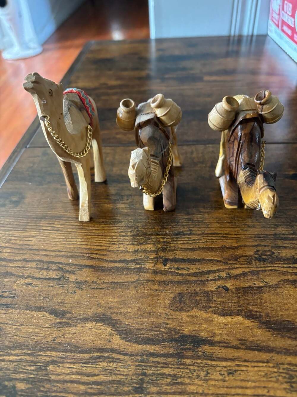 Set of 3 Vintage Hand Carved Olive Wood Camel Figurines